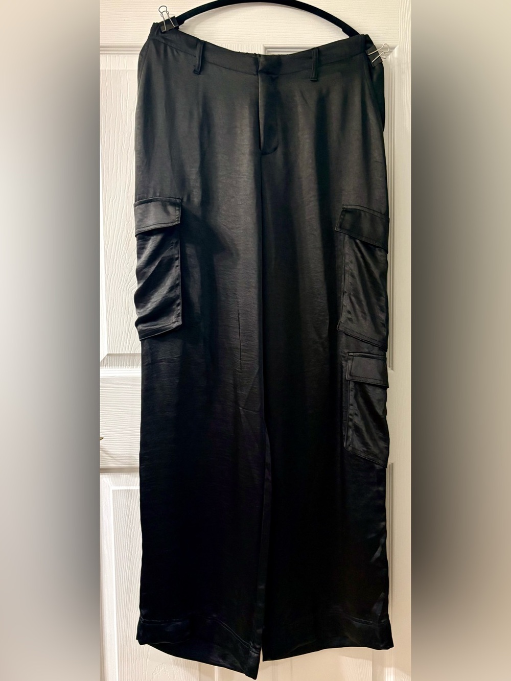 HYFVE Black Satin-Look Wide-Leg Cargo Dress Pants size L NWT
